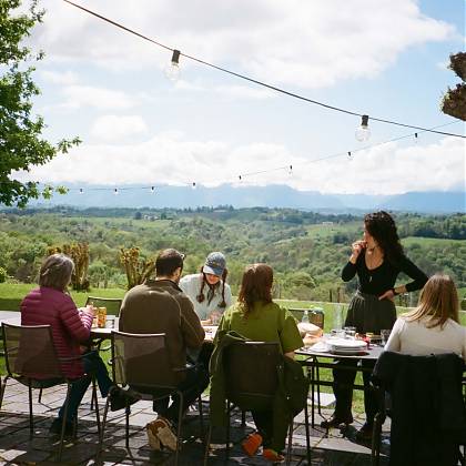Lunch on the terrace with Writer Molly Wizenberg, tutor at Atelier Clos Mirabel, SW France.