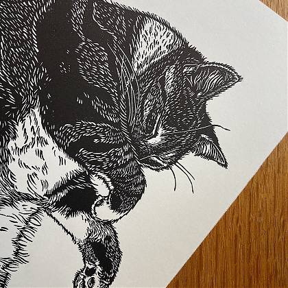Black and white print of cat licking paw - lino cut design by Emily Robertson