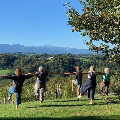 Yoga class outside at Clos Mirabel.