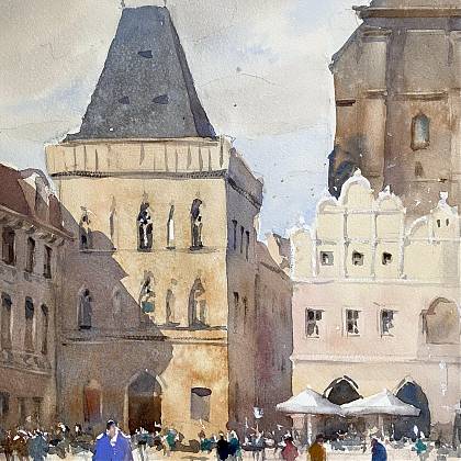 Watercolour painting of buildings in town square by Barbara Hirsekorn.