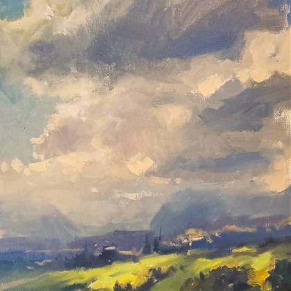 Artwork by Jenny Aitken, oil painting of clouds, and landscape with mountains.