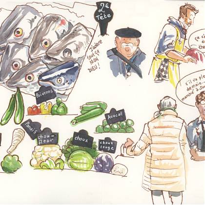 Artist sketch by Róisín Curé - market scene with fish heads.