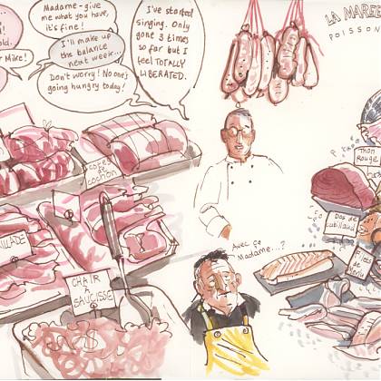 Artist sketch by Róisín Curé - market scene with meat.