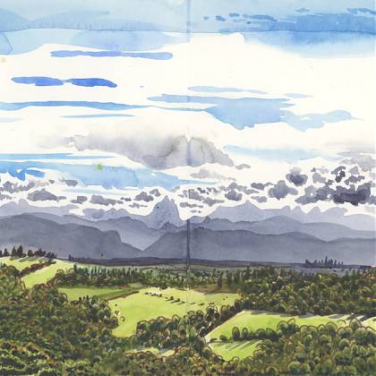 Artist sketch by Róisín Curé - view Pyrenees mountains.