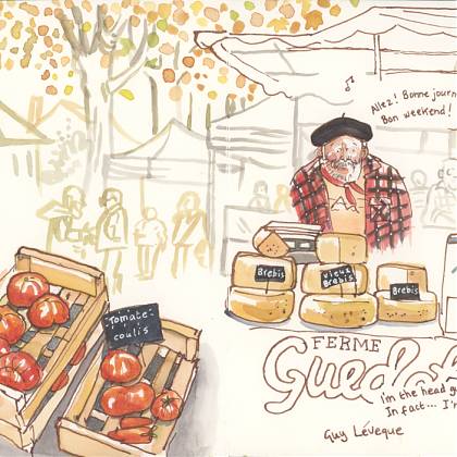 Artist sketch by Róisín Curé - market scene with man and cheese.