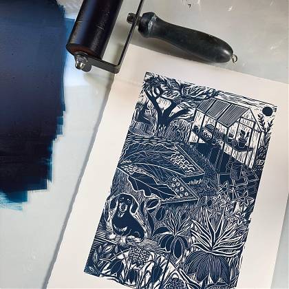 Lino cut print in blue of vegetable garden, Sam Marshall.