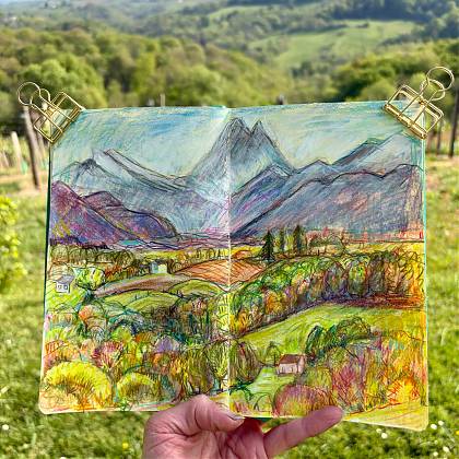Colourful sketch of view of fields and mountains from Clos Mirabel by drawing workshop tutor Sam Marshall.
