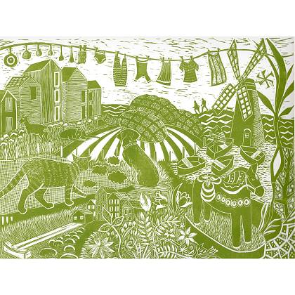 Artwork by artist Sam Marshall - lino cut print in green.