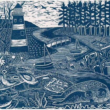 Linocut print by Sam Marshall - Norfolk in blue.