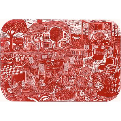 Artworks lino cut print of house and garden Charleston in red by Sam Marshall.