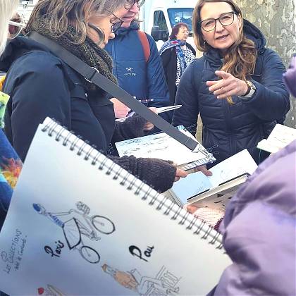 Rita Sabler with her group sketching on location Jurancon Market.