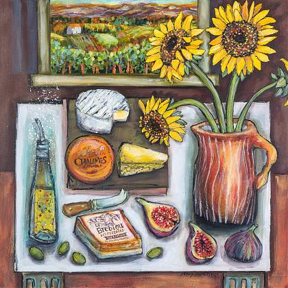 Mixed media painting of cheese, sunflowers and landscape.