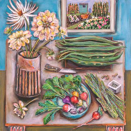 Artwork by mixed media artist Jenny Muncaster - flowers and green beans.