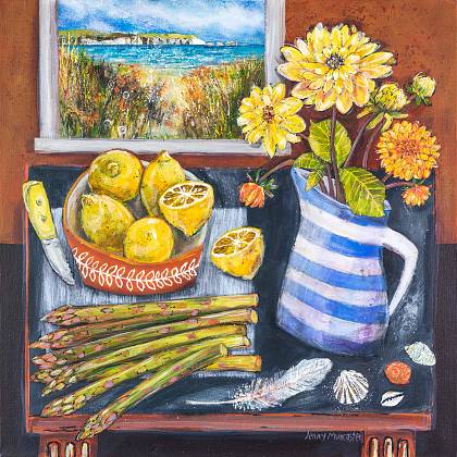 Jenny Muncaster mixed media artwork with lemons, flowers and asparagus.