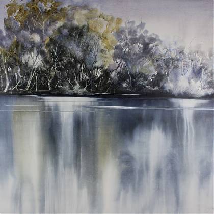 River scene in blue and grey tones, watercolour by artist Jude Scott.