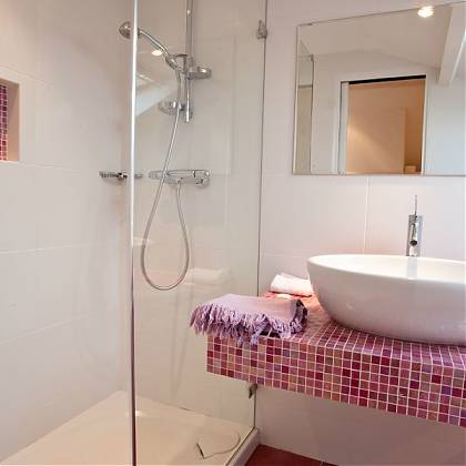 Bathroom with mirror, white hand basin, pink tiles and shower.