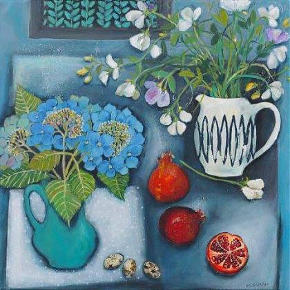 Still life painting, garden flowers in vase and pomegranates, work of artist Jenny Muncaster who is running a painting workshop in 2023 at Atelier Clos Mirabel France.