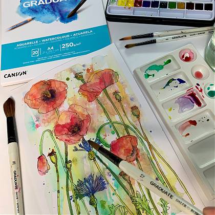 Poppies and cornflowers illustration in watercolour by artist and tutor Jenny Muncaster for Atelier Clos Mirabel painting holidays.