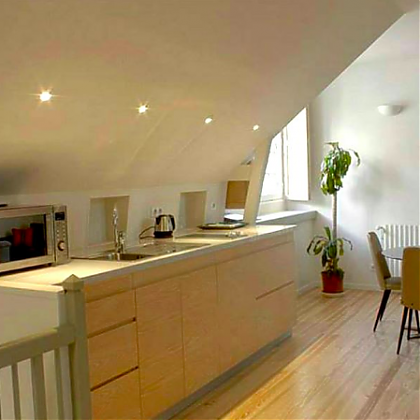 kitchen and dining area in loft studio