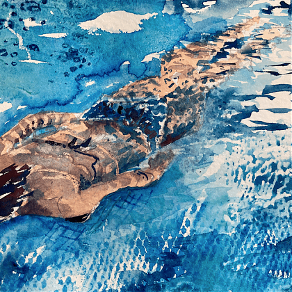 Lady swimming, watercolour painting in blue by painting holiday tutor Alison Hargreaves. 