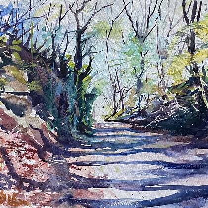 Tree lined road in watercolour by artist and painting holidays tutor Anthony Barrow.