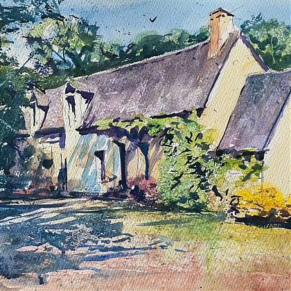 Painting of a rustic country house and garden by painting holiday tutor Anthony Barrow. 
