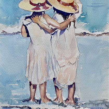 Painting of two girls on a beach wearinghats by painting holiday tutor Anthony Barrow.