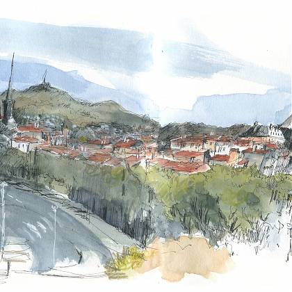 Cityscape in watercolour of road and rooftops by Rita Sabler - artist and workshop tutor Atelier Clos Mirabel France.