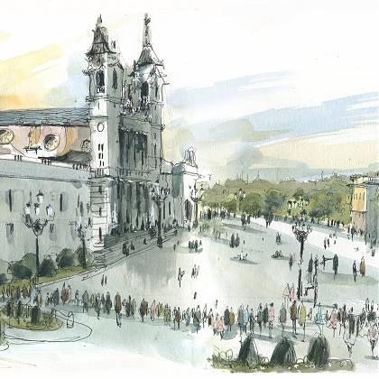 Travel sketch in watercolour of Palacio Real in Madrid by artist Rita Sabler.