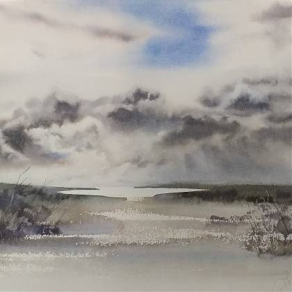 Landscape painting in grey tones by artist and painting holidays tutor Jude Scott.