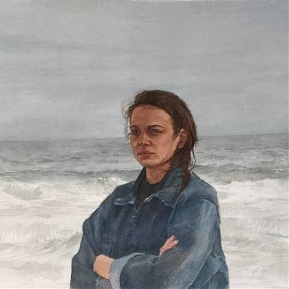 Painting of woman by the sea wearing a blue denim jacket by artist and painting holidays tutor Mario Andres Robinson.