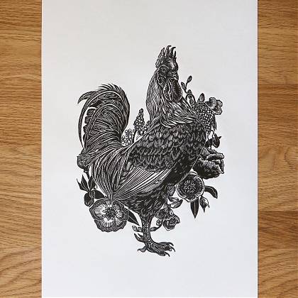 Black on white print of a rooster by artist and tutor Emily Robertson.