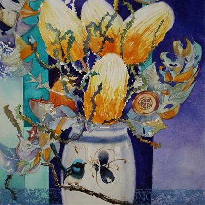 Watercolour painting by painting holiday tutor Jude Scott, vase with orange flowers and leaves.