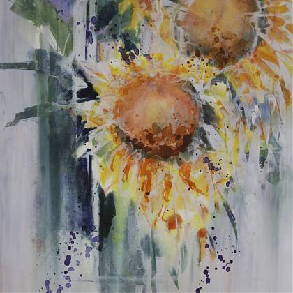 Sunflowers in watercolour by painting holidays tutor Jude Scott for Atelier Clos Mirabel France.