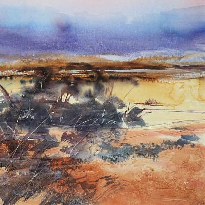 Landscape in orange tones, by French painting holidays tutor Jude Scott.