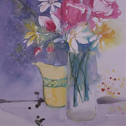 Pink and white flowers in a glass vase painted in watercolour by painting holidays tutor Jude Scott, France.