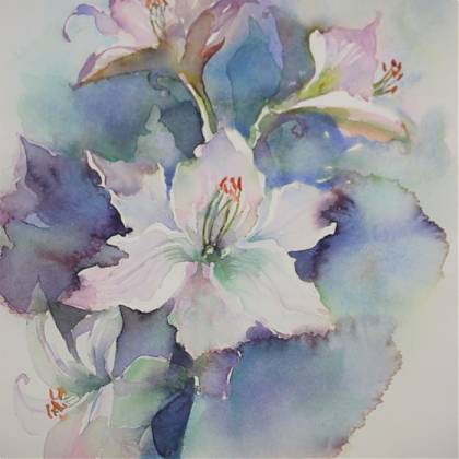 White lilies painted in watercolour by painting holidays tutor Jude Scott.