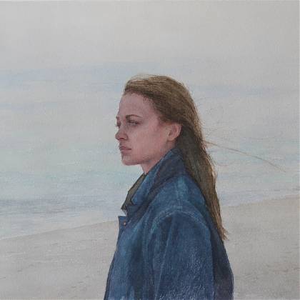 Painting of a woman with long hair wearing a blue coat at the beach bu artist and workshop tutor Mario Andres Robinson.