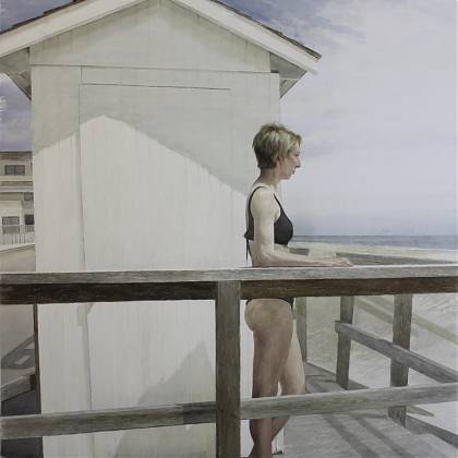 Painting of woman in a black swim suit in from of a white beach hut.