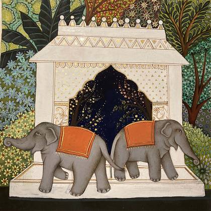 Painting by artist Samantha Buckley in Indian miniature style of two elephants next to a a temple.