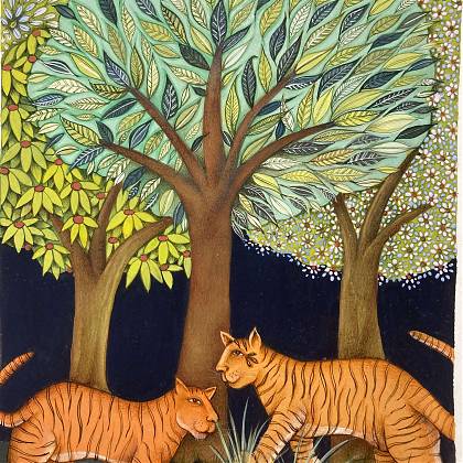 Two tigers below three trees in Indian miniature painting style by artist and tutor Samantha Buckley.