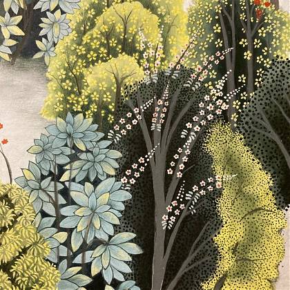 Green and brown florals and trees in Indian miniature style by artist and tutor Samantha Buckley.
