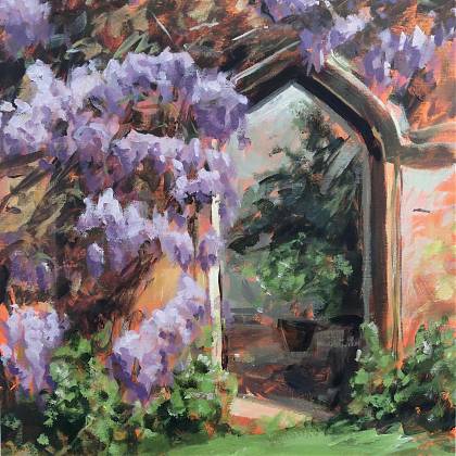 Painting of wisteria along a wall and archway by painting holidays tutor Peter Keegan.