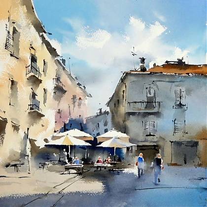 Watercolour painting of town square - painting holidays france with Michael Solovyev.