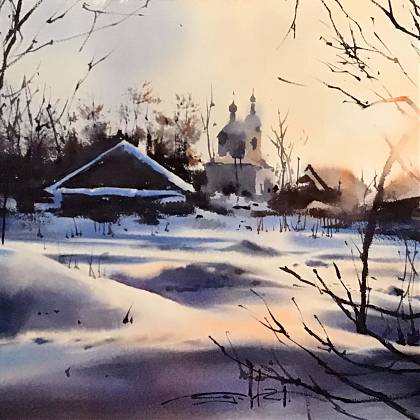 Winter landscape painting by Micheal Solovyev painting holidays France.