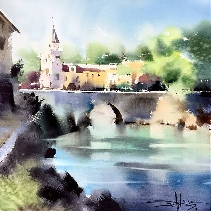 Bridge and river watercolour painting by Micheal Solovyev - painting holidays France.