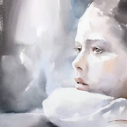 Watercolour painting of girl looking left by painting holiday tutor Michael Solovyev,Atelier Clos Mirabel.