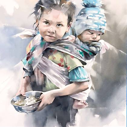 Child with baby on back, watercolour by painting tutor Michael Solovyev - Atelier Clos Mirabel.