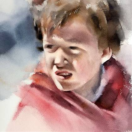 Boy in red scarf, watercolour by artist and painting retreat tutor Michael Solovyev.