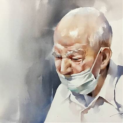 Old man in mask, portrait painting workshop Atelier Clos Mirabel.